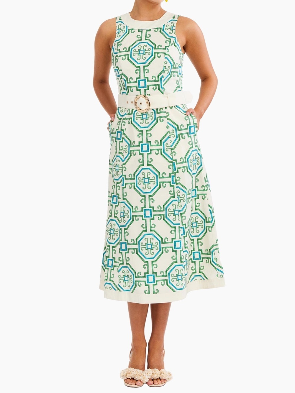 Mestiza New York Size 2 Louisa Tile-Print Sleeveless Midi-Dress Tile Green NWT